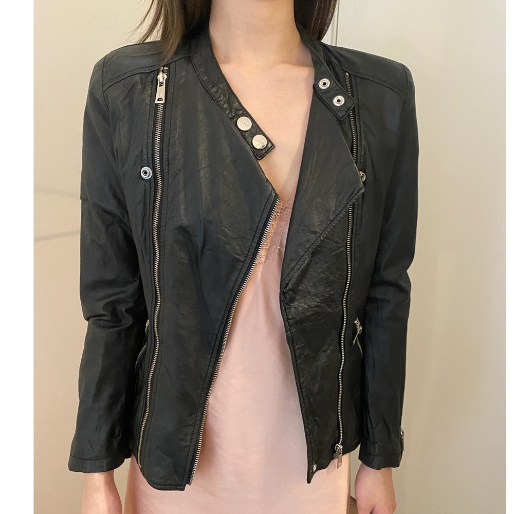 Blue heroes black leather biker jacket